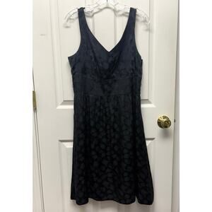 WHBM Black Party Dress Satin Fit Flare V Neck Floral Texture Women’s 12